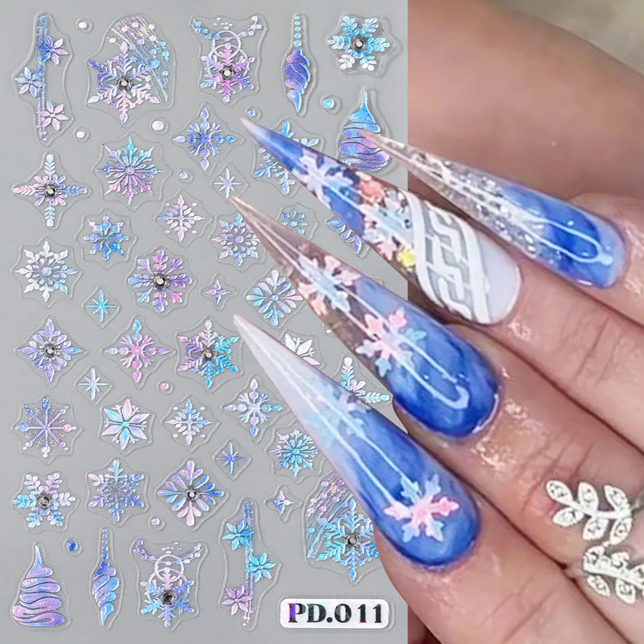 1pc 5D Dreamy Snowflake Nail Art Stickers Blue/Purple Winter Snowflake Star Laser Decals Rhinestone Foils Sliders Manicure Decor