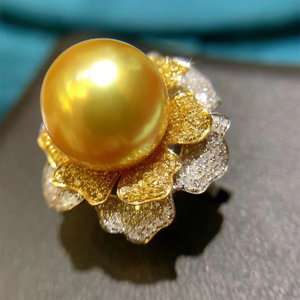 Bestseller AAAA 10-11mm 11-12mm Golden Round South Sea Pearl Open Adjustable Ring 925S