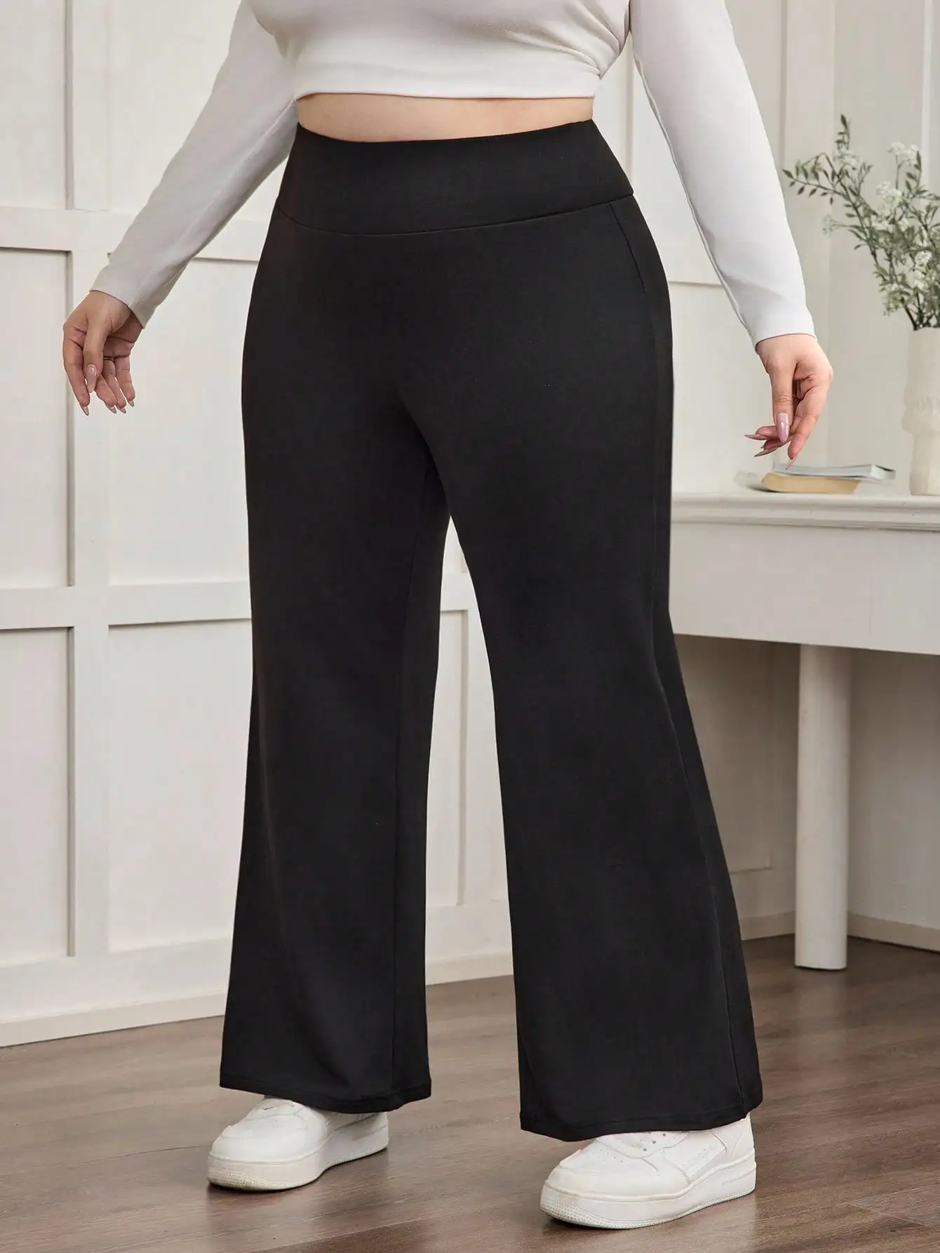 

Plus Size High Waisted Flared Casual Pants, Knitted Fabric, Fall Winter