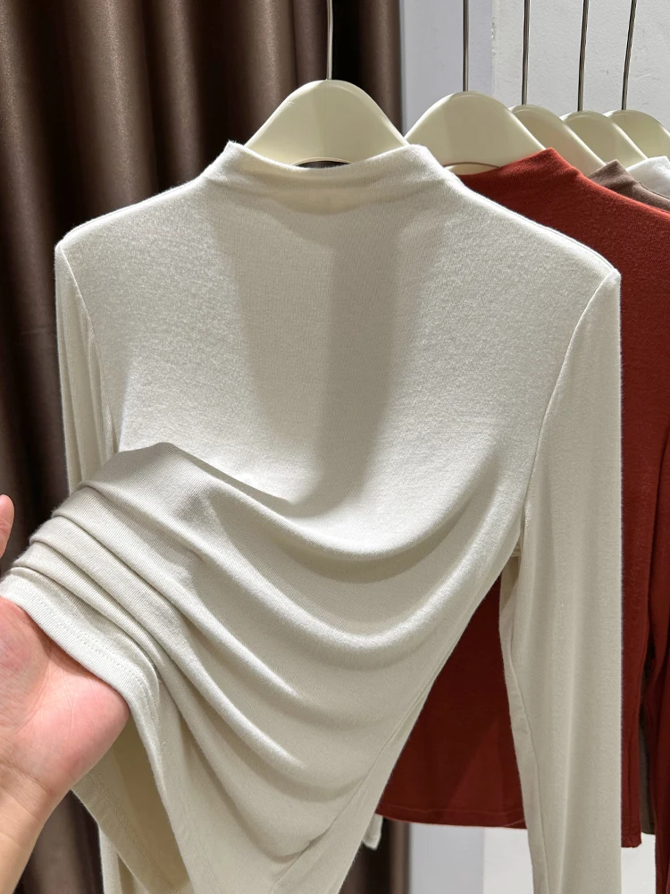 

Высококачественная трикотажная женская футболка Long Sve f с высоким воротником Base irt, мягкая и удобная внутренняя одежда, облегающая повседневная футболка для поездок на работу...