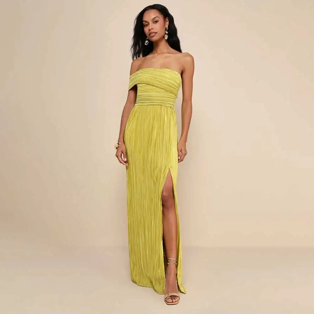 

Evening Dresses Women Elegant 2025 Strapless Long Prom Dresses Pleated Draped Off Shoulder Side Slit Formal Gowns Blackless