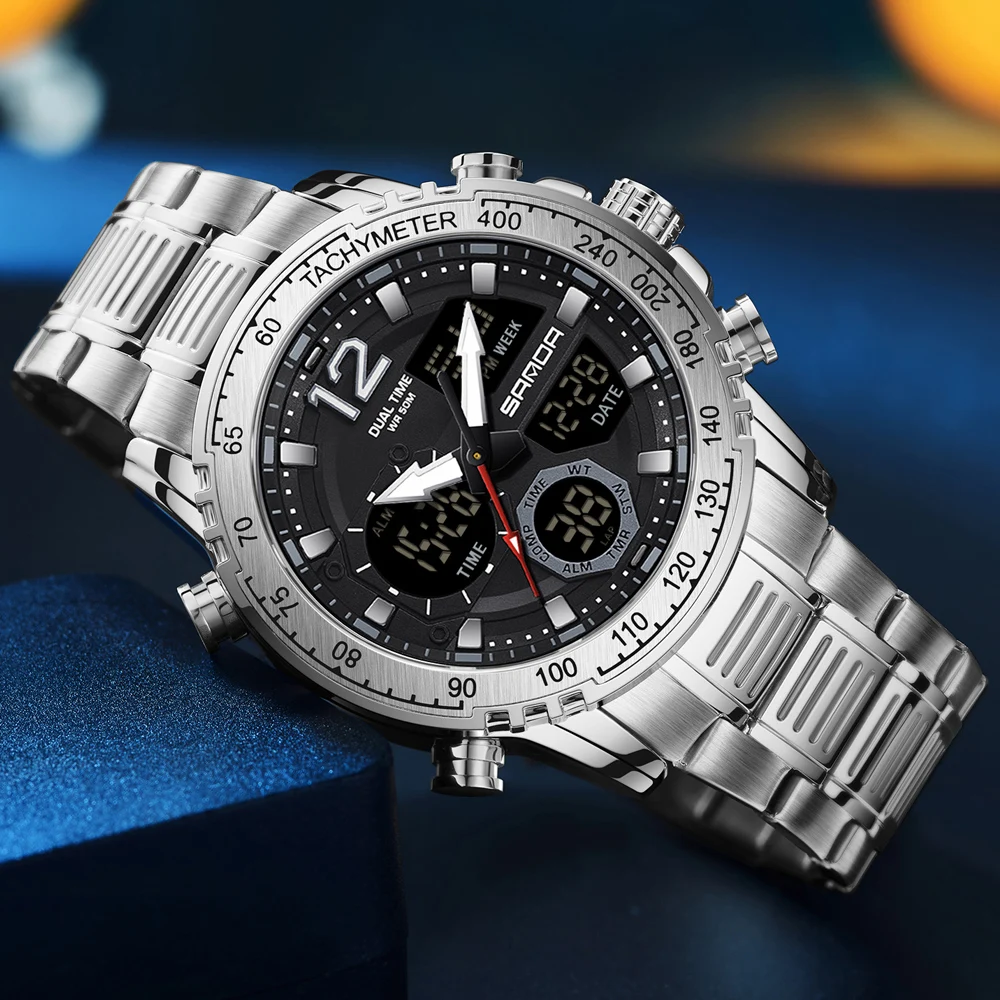 SANDA Top Brand Luxury Chronograph Men Watches Gold Steel Sport  Digital Analog Big Quartz Watch for Man relogio masculino