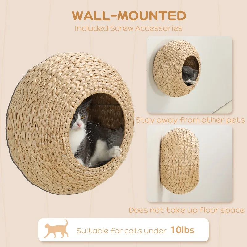 

Wall Mounted Cat Shelf Condo Natural Cattail Cat Tree with Soft Cushion for Cats Under 10 lbs Space Saving Pet Furniture