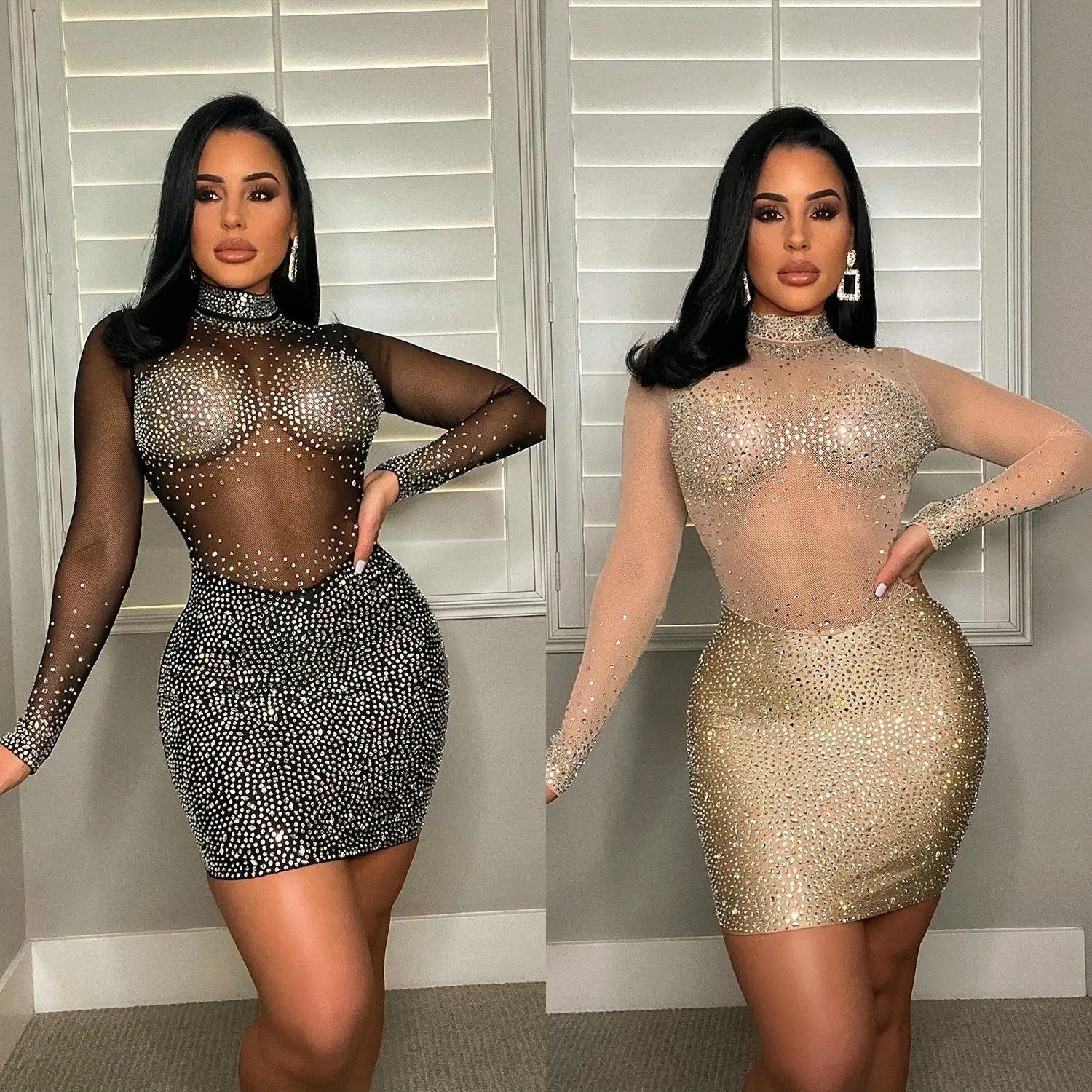 

Autumn new women's clothing fashionable and sexy mesh long-sleeved hot diamond dress women's slim temperament dance costume