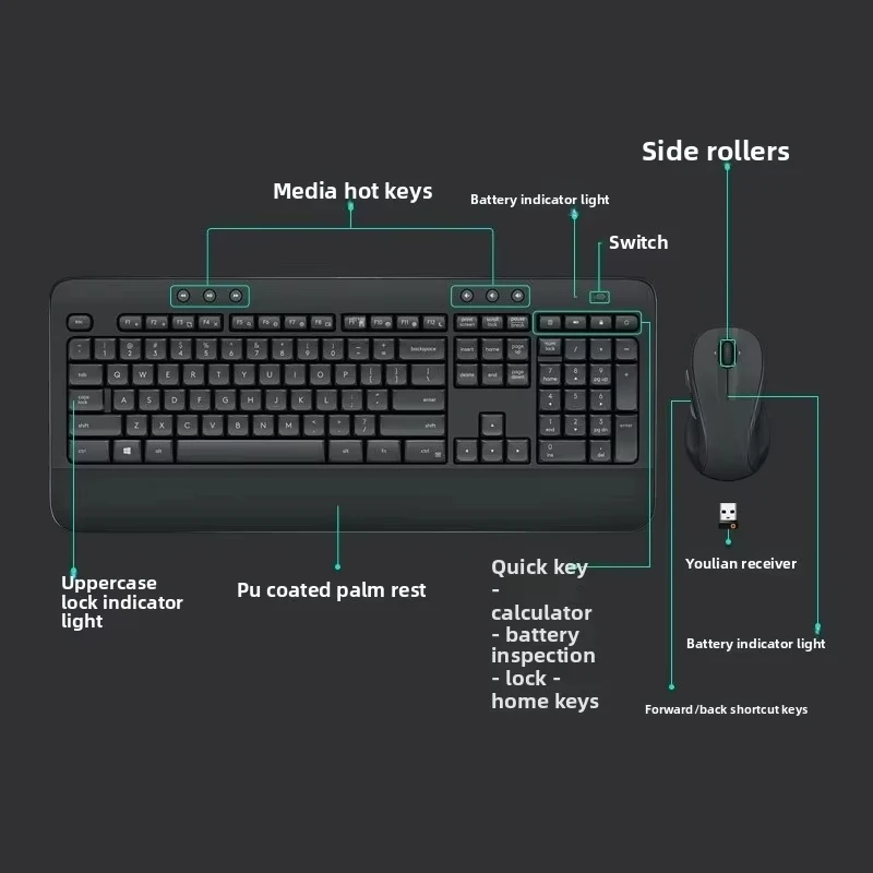 Набор беспроводной клавиатуры и мыши Logitech MK540 с подставкой для рук, поддержкой батареи и брызгозащищенной конструкцией для офисного использования в деловом стиле