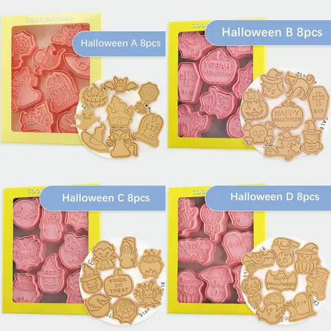 8/10Pcs Halloween Cookie Cutters Cartoon Pumpkin Castle Stamp Type Witch Vampire Biscuit Mold Diy Halloween Party Baking Decor