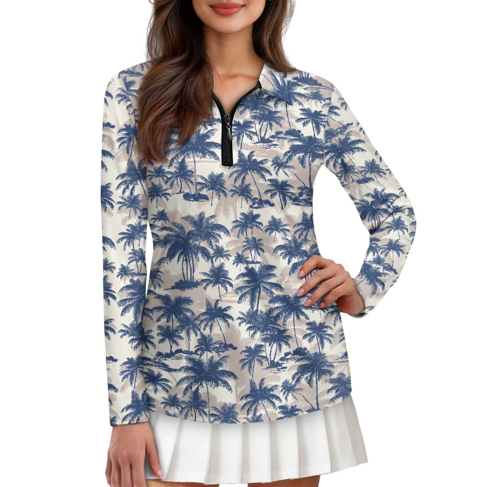 PENSTROLL Palm Tree Pattern Womens Quarter Zip Golf Shirts for Women Stretchy Women's Athletic Polo Shirt for Gym
