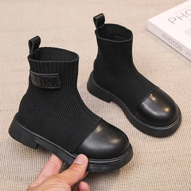 

Children Fashion Boots Round Toes Soft Sole Kids Long/short Boots Black Trendy 2025 Autumn Girls Weave Boots Non-slip Versatile