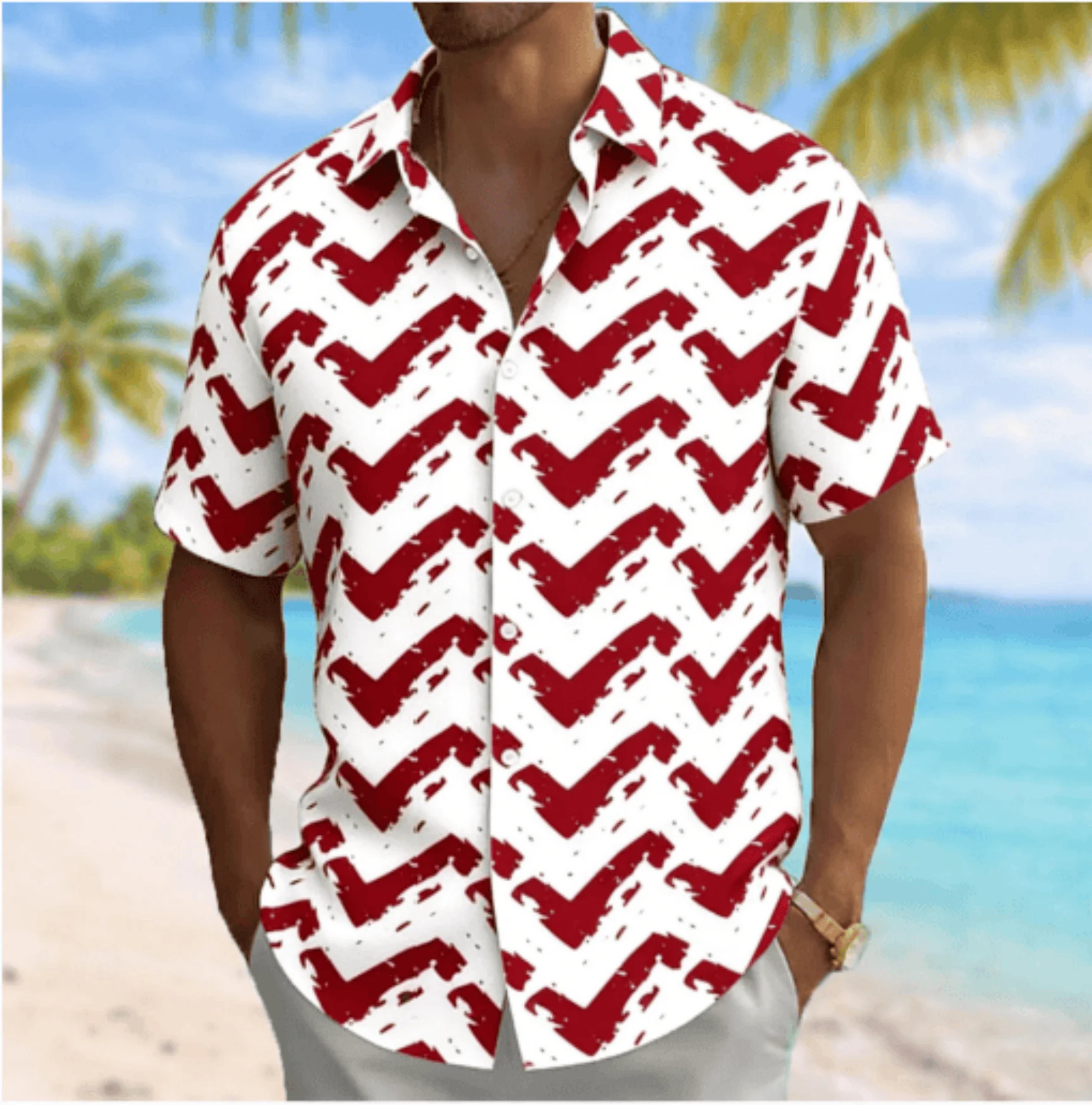 

Men's V-Chevron Print Short Sleeve Shirt, Spring Summer Casual Vacation Turn-Down Collar Blouse, Loose Fit Top