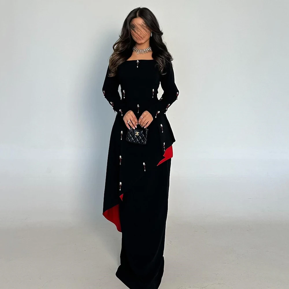 

Черное вечернее платье из джерси с квадратным воротником по индивидуальному заказу, с длинными рукавами и кристаллами, женское платье, прямое плиссированное платье для выпускного вечера длиной до пола