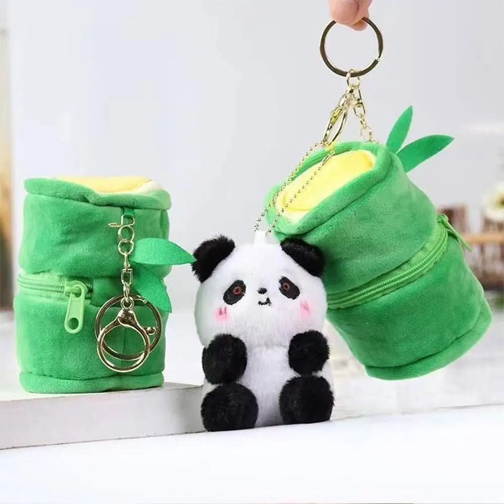 Gantungan kunci Panda, penyimpanan gantungan kunci Panda mewah lucu dengan tas bambu, Gantungan Kunci 2024 Panda, boneka Kawaii S8c8