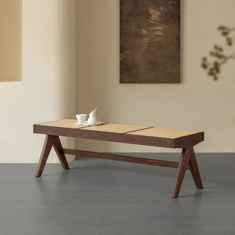 Rattan Bench Walnut Wabi Wind Restaurant Solid Wood Weaving Bench Bedroom Side Shoe Changing Stool