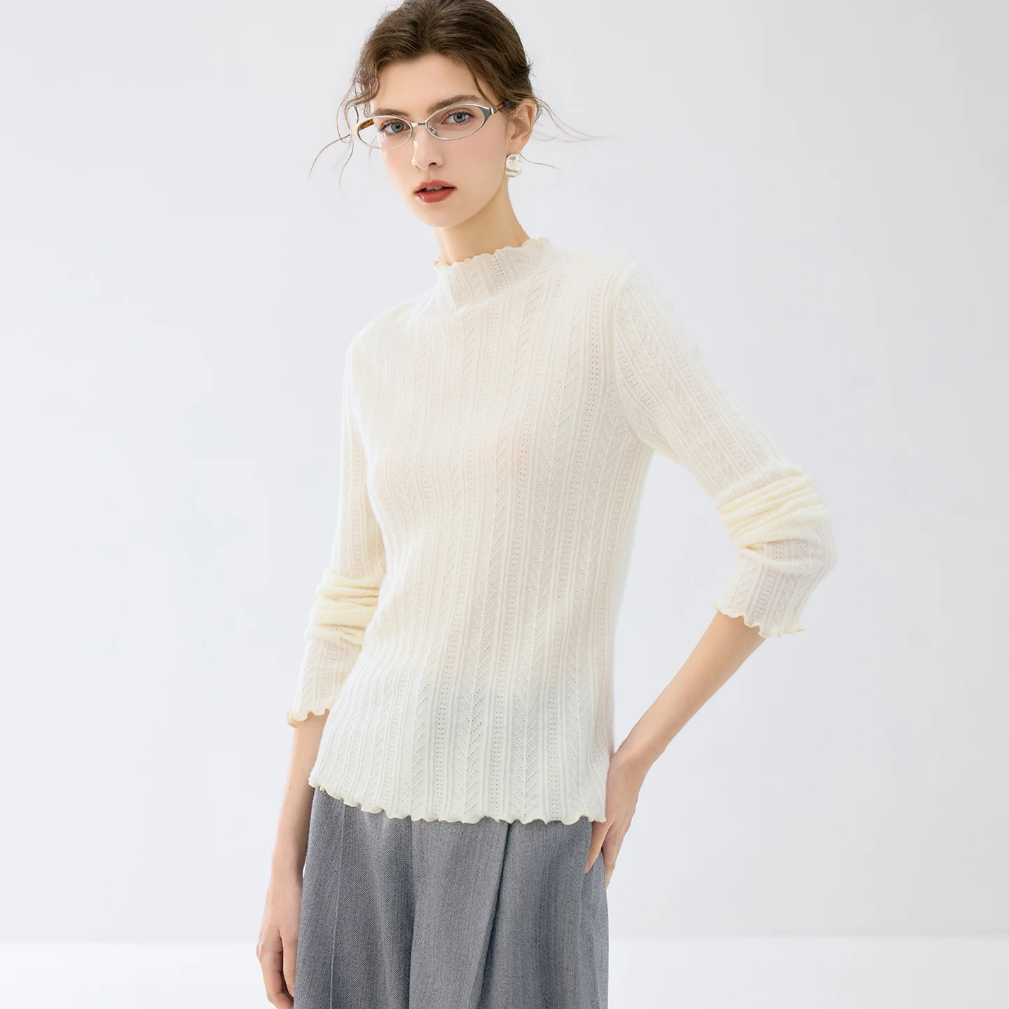 Women's Cashmere Knit Pullover Autumn Winter Ruffled Mock Neck Vertical Ribbed Cable Knit Daily Versatile Long Sleeve Knit Top