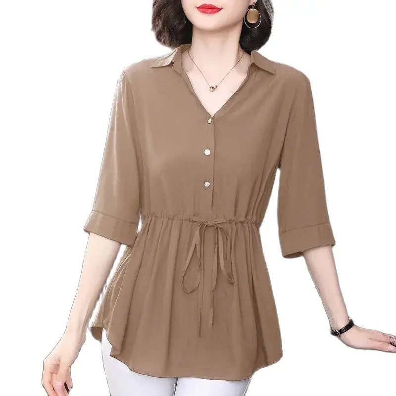 

Summer Short-Sleeved Shirt Women's Slim Mid-Sleeved Summer New Loose Waist-Covering Top Black Shirt Size 4XL Thin Pullover Polo