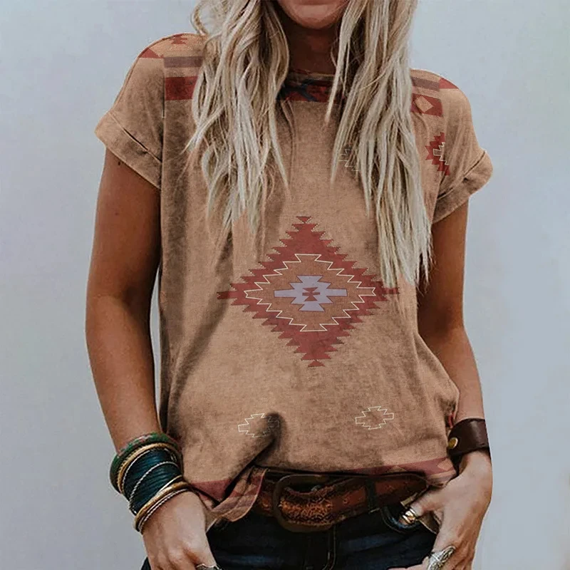 Summer Women 3D Print T-shirt Vintage Floral Pattern Tops Tees Female Bohemian Ethnic Style Short Sleeve Clothing Casual Outfit