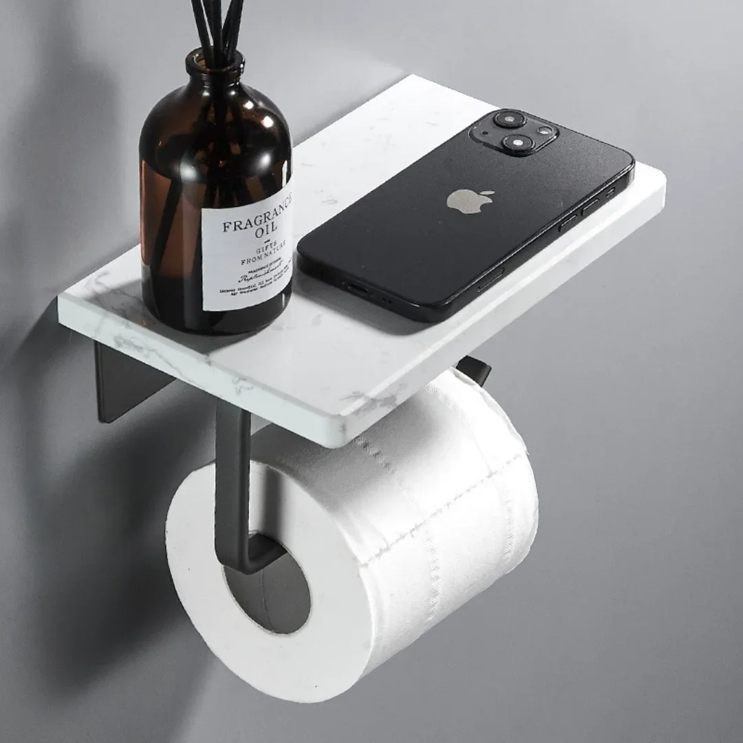 Wall Mounted White marble toilet paper holder black tissue holder marble black paper roll rack with mobile phone storage rack