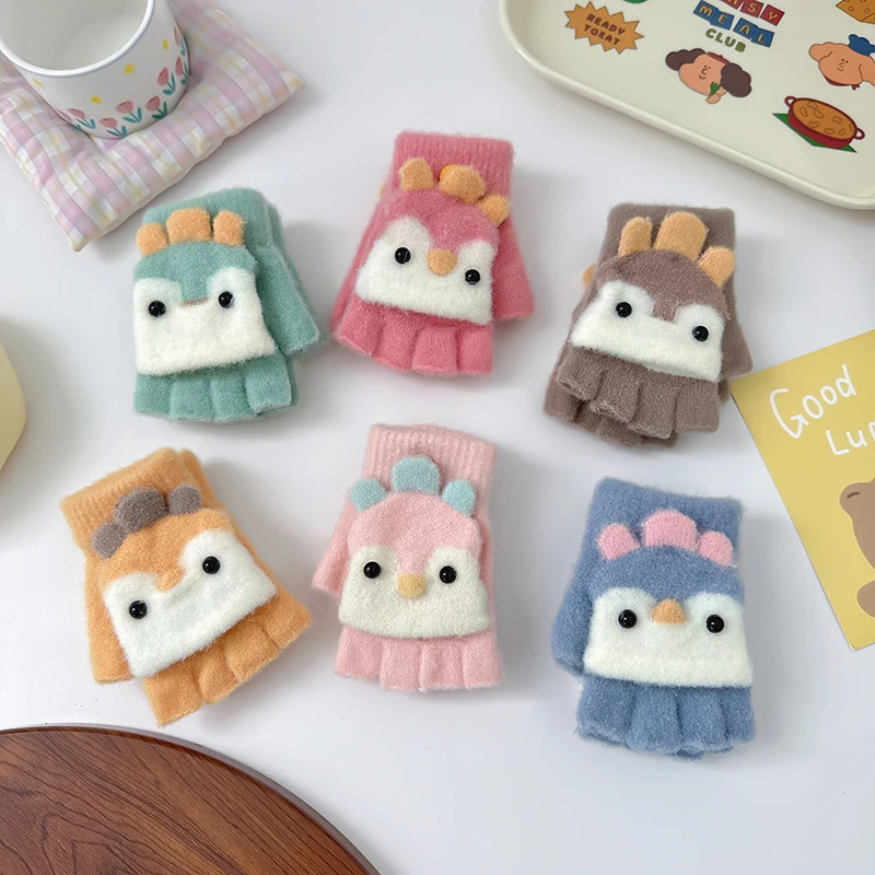 Świąteczne Rękawiczki z Jeleniami Zimowe Dziecięce Rękawiczki Urocze Palczaste Rękawiczki dla Niemowląt Ciepłe Półpalczaste Rękawiczki z Klapką dla Chłopców Dziewczynek Mitki Rękawiczki 2-6 Lat