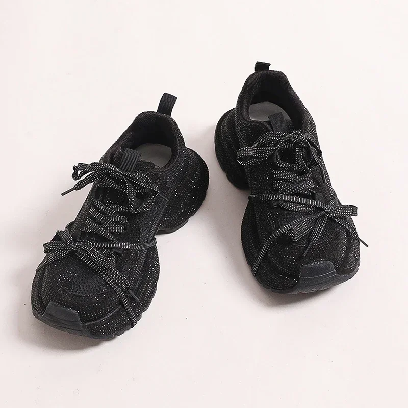5cm Genuine Leather Rhinestone Bling Chunky Sneakers Spring Autumn Rubber Soles Breathable Platform Wedge Women Fashion Shoes