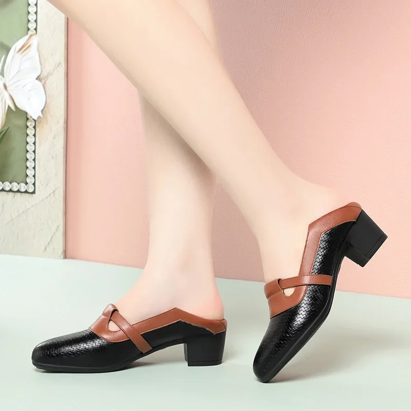 

4.5cm British Style Shallow Breathable Soft Leather Loafers Women Shoes 2025 Trend Spring Mix Color Med Block Heels Shoes Mules