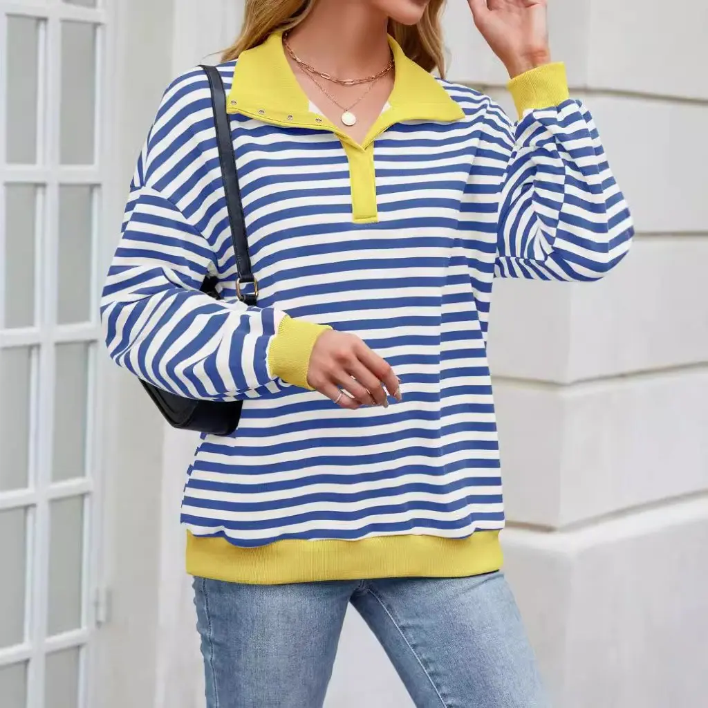 

Women's Loose Casual Lapel Button Striped Sweater Autumn Winter Independent Station Explosions Fashion Top for Ladies