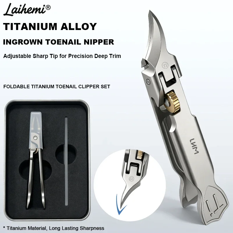 Laihemi Titanium Alloy Foldable Ingrown Toenail Clippers Wide Jaw 2 in 1 Nail Trimmer with File Metal Box for Thick Hard Nails