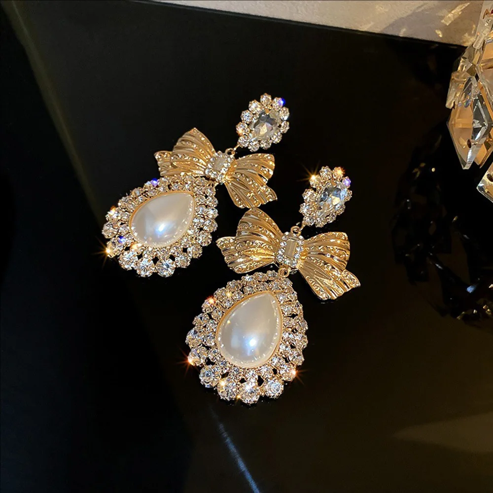 

Silvery Needle Elegant Pearl Crystal-encrusted Bow Earrings Water Drop Fashionable Court Style Noble Lady Grand Studs Jewelry