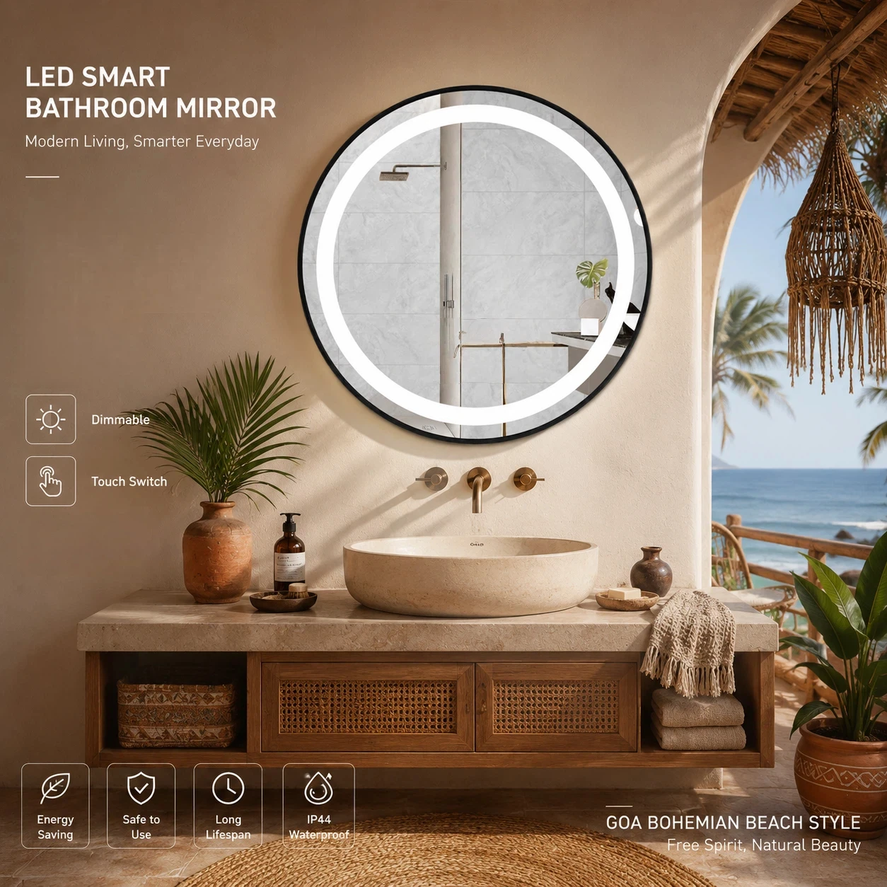 Anti-Fog LED Backlit Bathroom Mirror 60cm Round Touch Dimmable 3 Colors Smart Mirror Wall Mount Vanity Makeup Defog