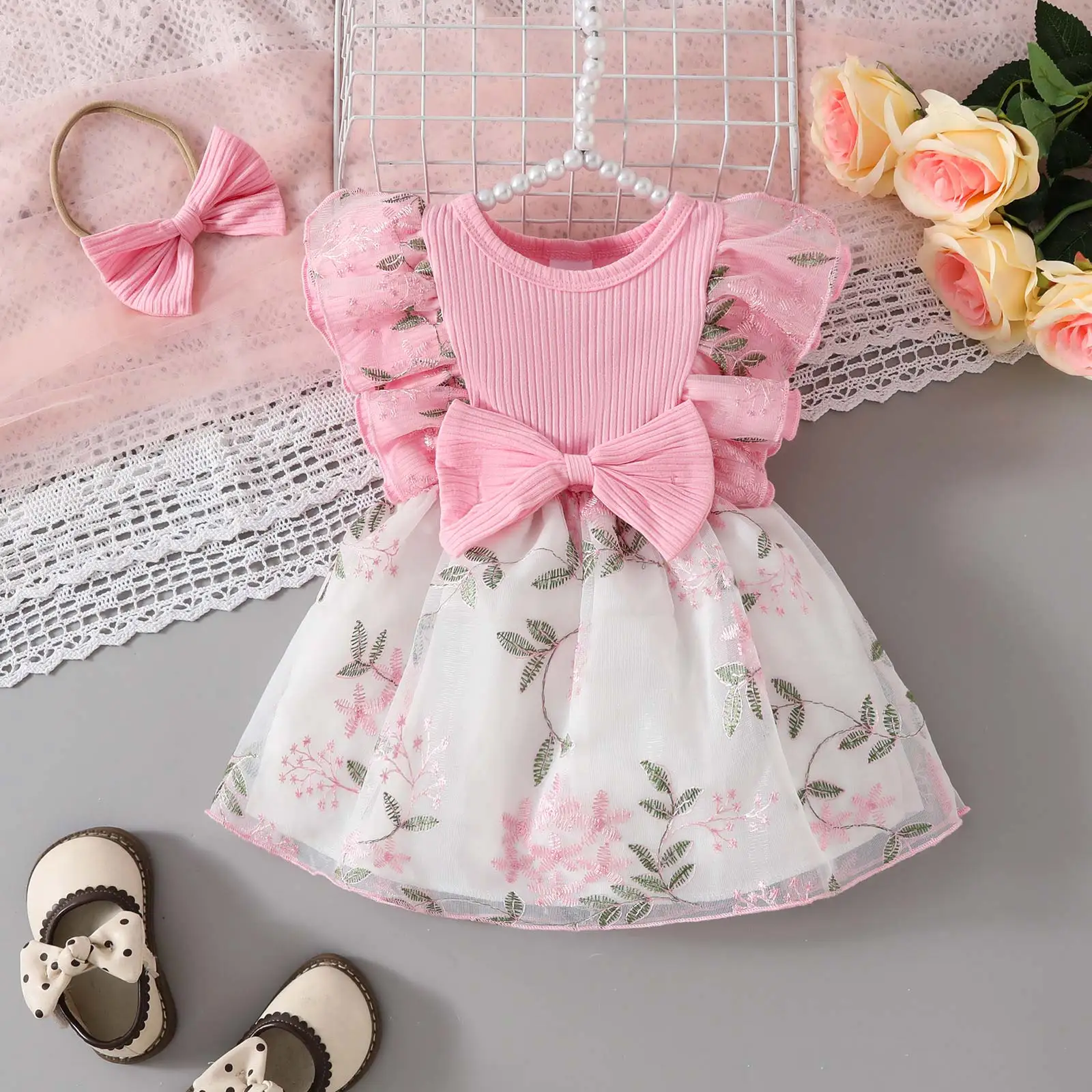 

Baby Flower Girls Summer Princess Dress Ruffled Floral Embroidery Bow Tulle Dresses with Headband for Birthday Wedding Party