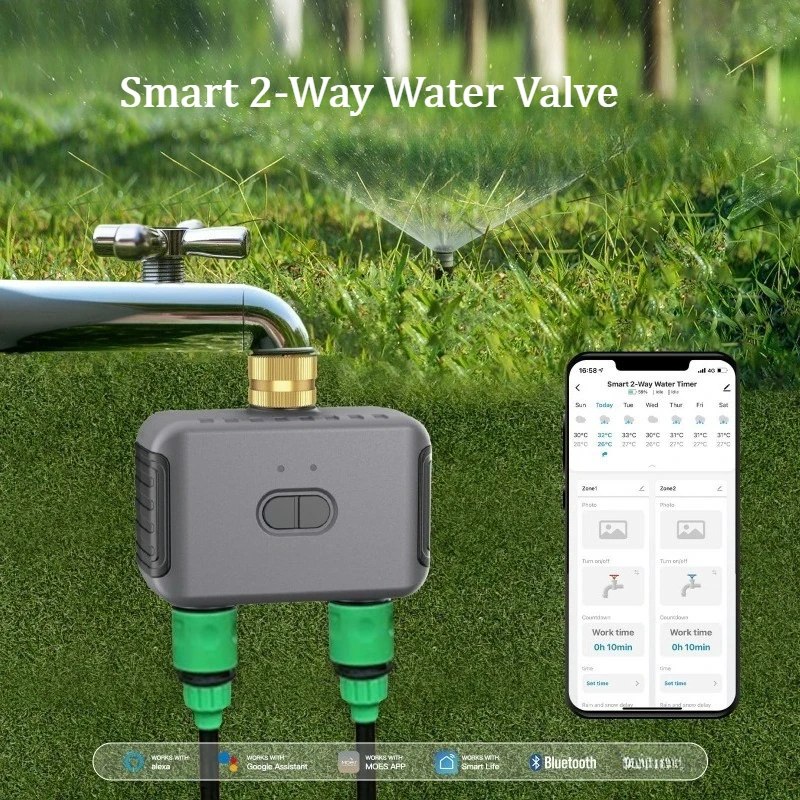 Bluetooth Smart Garden 2-Way Irrigation Water Valve APP Remote Control Sprinkler Timer Dual Outlet Compatible with Tuya