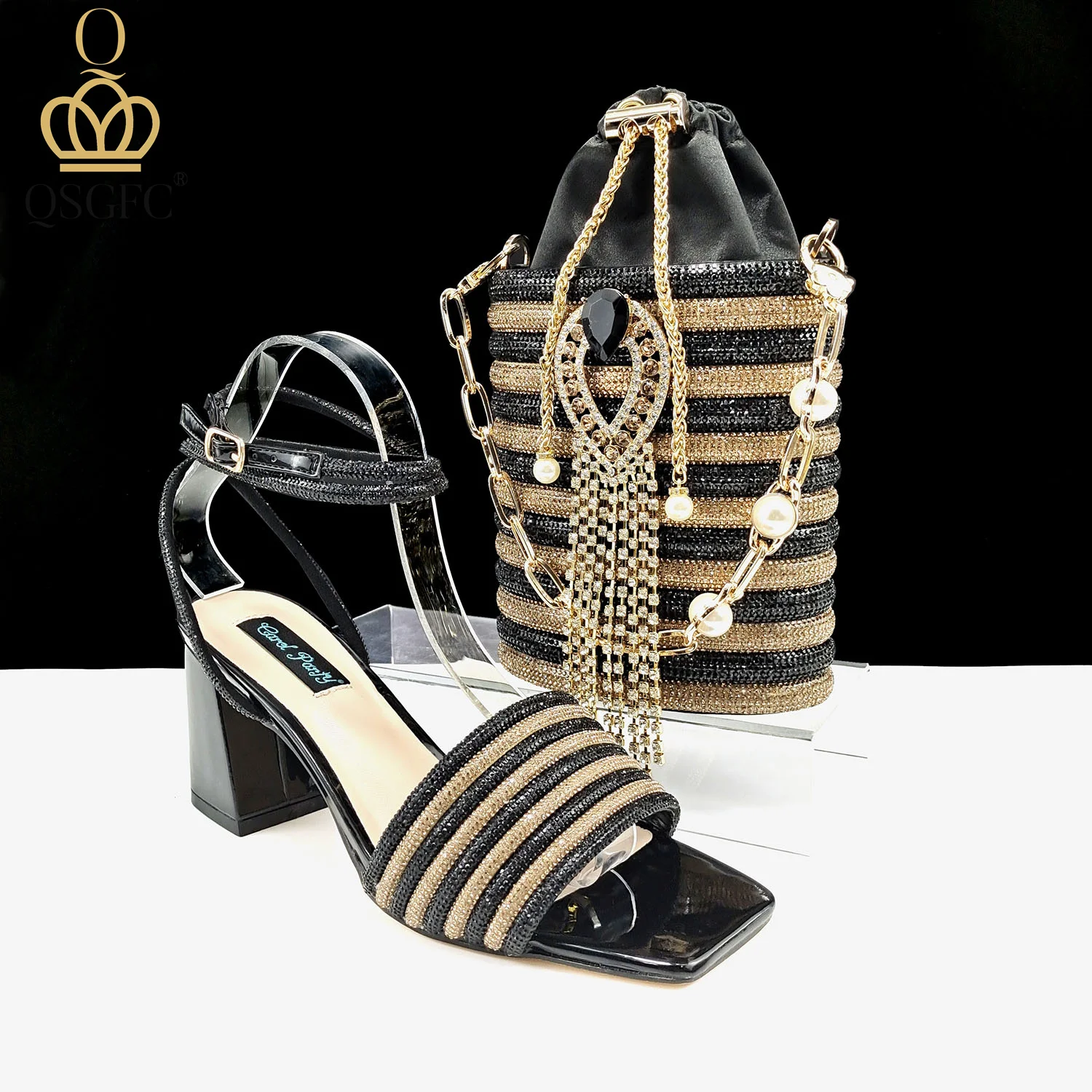 

QSGFC Nigerian Women's Banquet Shoes And Bag Rhinestone Decorated Three-Dimensional Bag And High Heel Women's Shoes