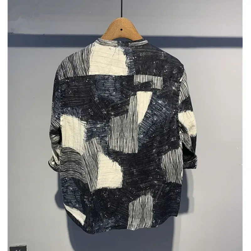 Herren bekleidung Vintage-Print Harajuku Streetwear Hippie-Shirts Sommer männlich Trend lässig Stehkragen halbe Ärmel lose Tops