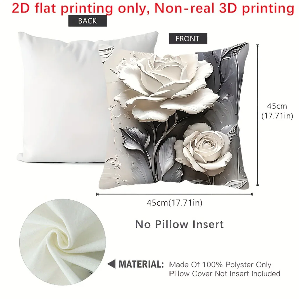 1PC Throw Pillow Cover,3D Embossed White Rose Print,Elegant Romantic Style,For Sofa Bedroom Couch Home Decor