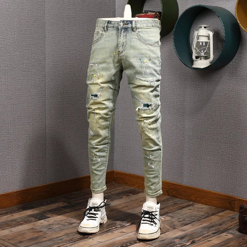 

Винтажные мужские джинсы с девятью точками синего цвета с рваными заплатками, модные крутые эластичные узкие брюки
