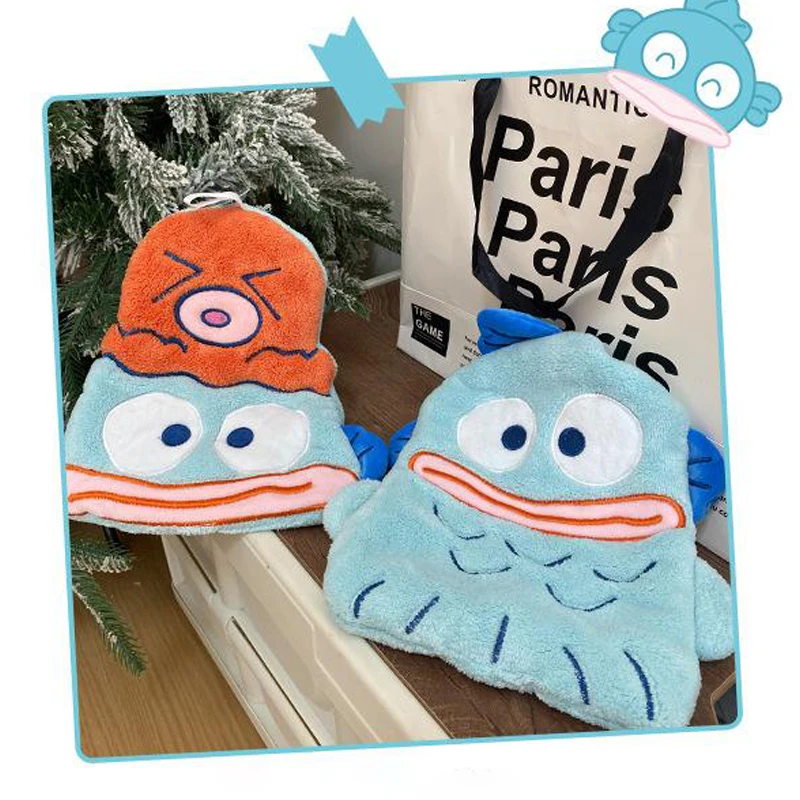 Cute Cartoon Hangyodon Hand Towel Blue Ugly Fish Coral Fleece Water-Absorbent and Quick-Drying Kid's Handkerchief with Lanyard