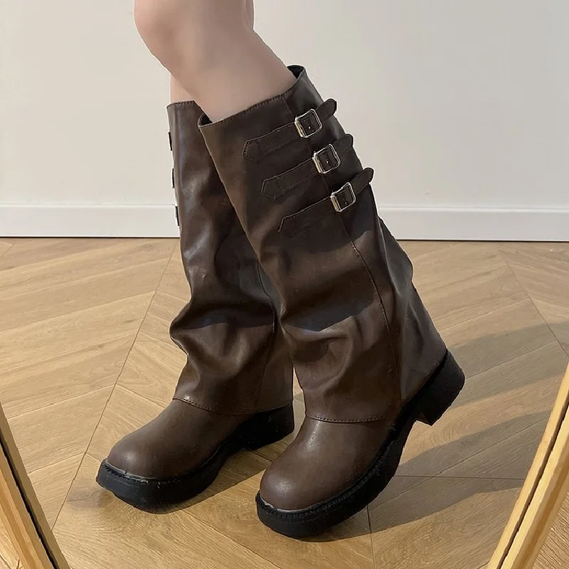 Thick Soled Retro Pants Long Leg Knight Boots Women's Shoes 2024 New Brown Pile Boots Mid Leg Long Boots