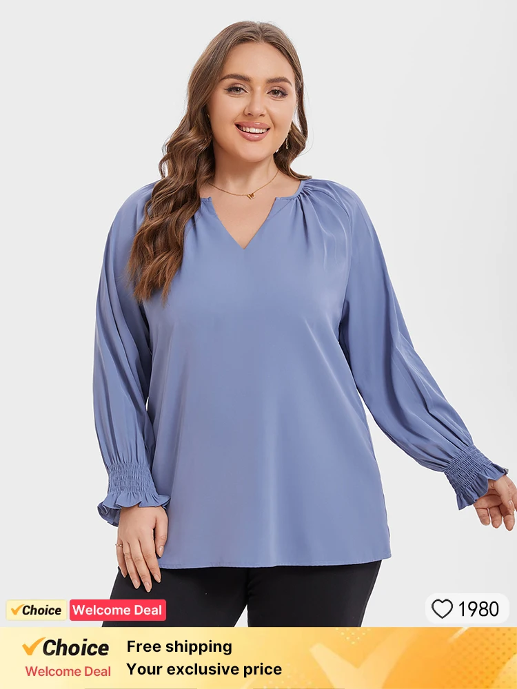 

Plus Sized Clothing Solid Women Basic T Shirt Notched Neck Blouse Elegant Flounce Sleeve Ruched Pullover Tops Fashion Tee Female