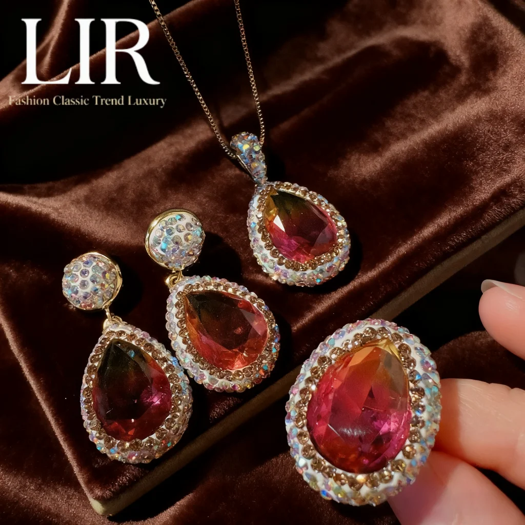 

LIR Women's Custom Jewelry Set: Watermelon Tourmaline Teardrop Gem Necklace, Bordeaux Teardrop AAA Zircon Earrings
