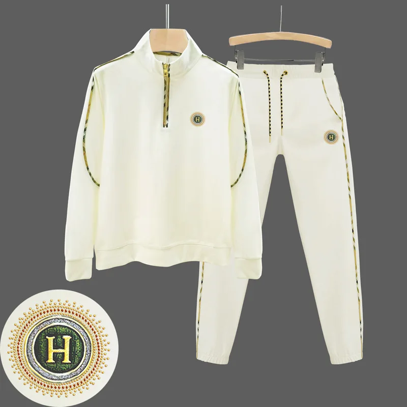 

Men Casual Suit Trendy European Fashion Stand Collar Half Zip Up Rhinestone Long Sleeve Top And Trousers Daily Sport Tracksuit