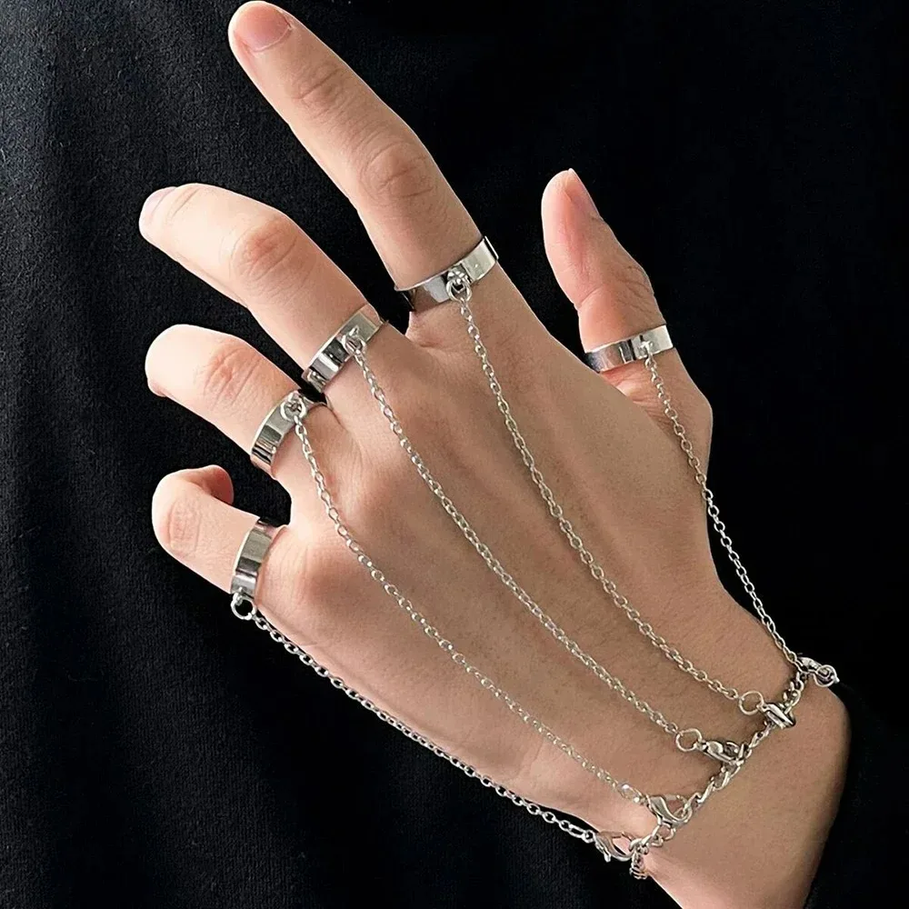 New Ins Style Hiphop Punk Silver Color Ring & Bracelet Combo Five Finger Connected Mitten Rings for Women Daily Wear Or Party