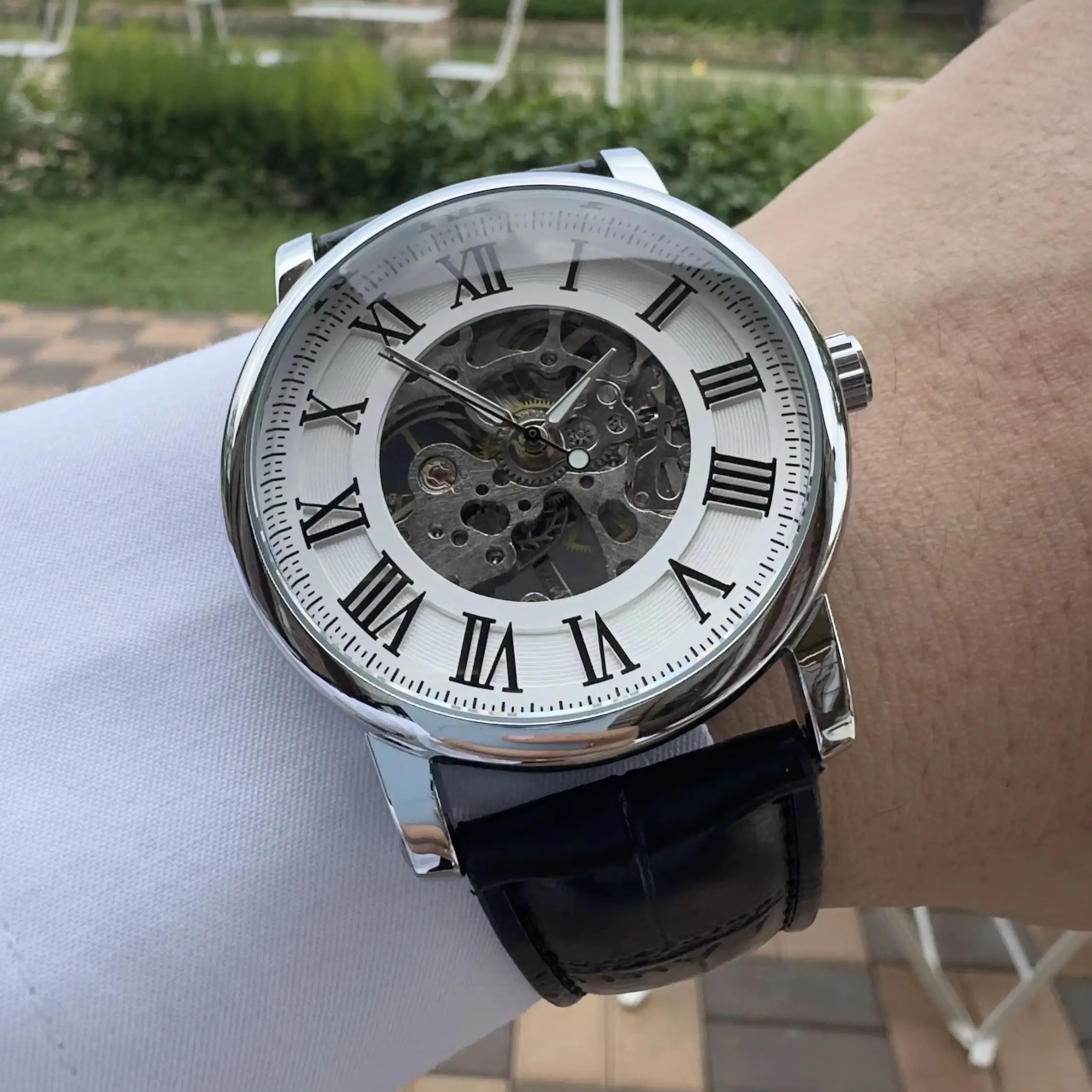 WINNER Business Watch for Men Classic Skeleton Hand Winding Mechanical Watches Casual Leather Strap Business Mens Wristwatches