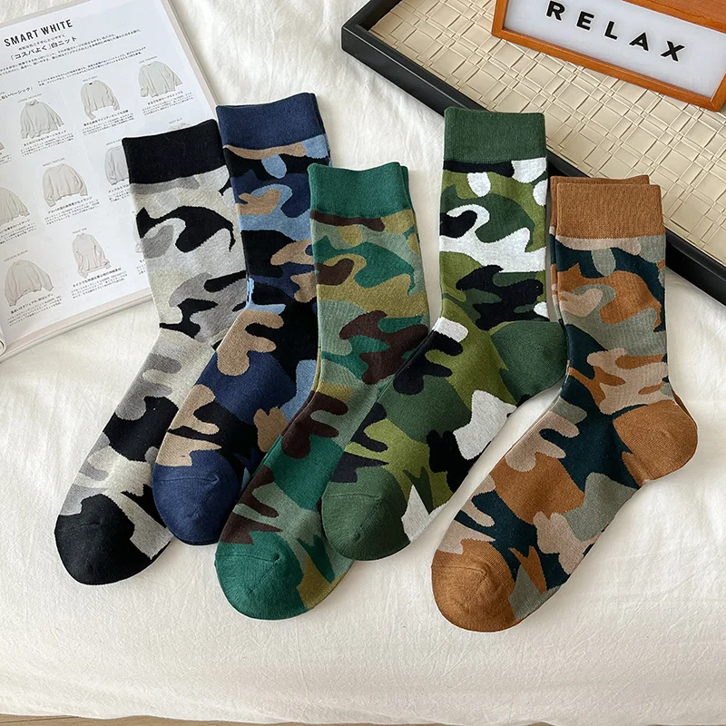 1 Pairs Men\'s Long Socks Autumn Winter Double Needle Smooth Seamless Good For Foot Combed Cotton Socks Camouflage Vintage Meias