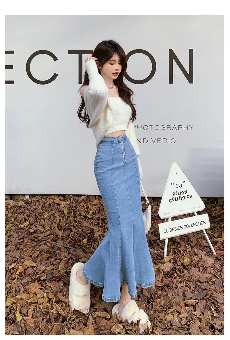 2026 Solid Slimming High Waist Midi A- Line Skirt Woman Trumpet Sides for Women Denim Half-length Skirt with Flounce