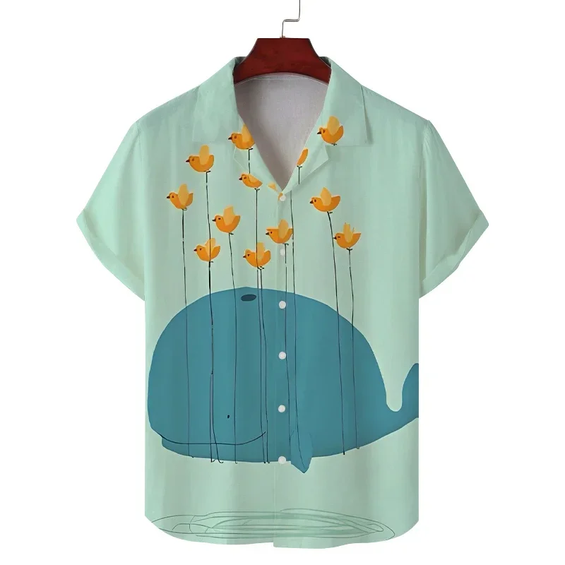 Simple Cartoon Spray Blue Whale Wave Print Short Sleeved Shirt for Men, Fresh Japanese Beach Vacation Loose Shirt