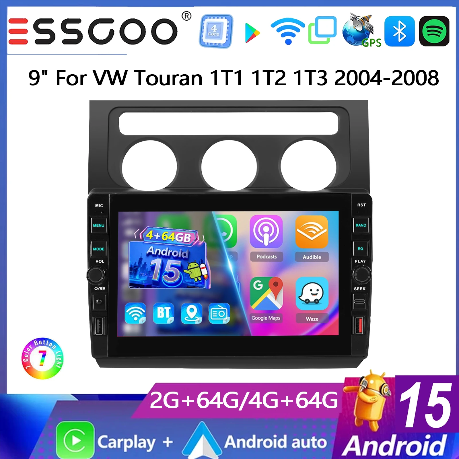 ESSGOO Android 15 9" 64G Autoradio für VW Touran 1 2004-2008 Wireless Carplay Android Auto QLED Touchscreen GPS Navigation USB Typ C WIFI FM Bluetooth RDS Lenkradsteuerung ASP Mirror Link Multimedia