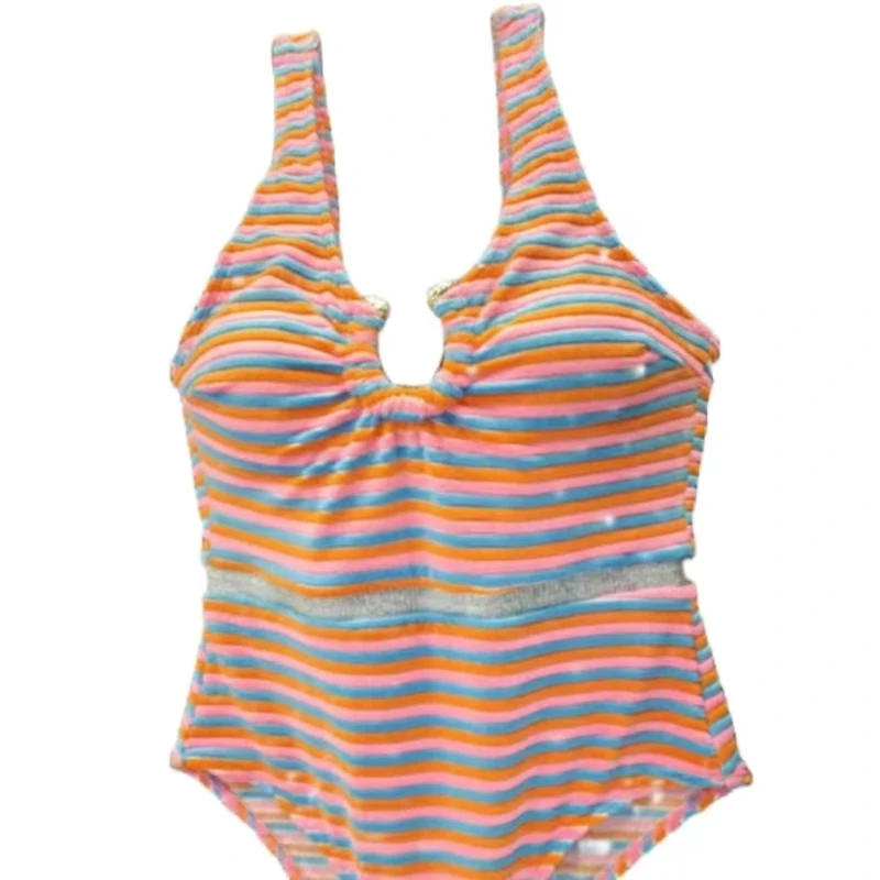 KNOW DREAM Extra Deep V-shaped Color-striped Bikini Small-chested Korean-style One-piece Sleeveless Swimsuit With Chest Pads