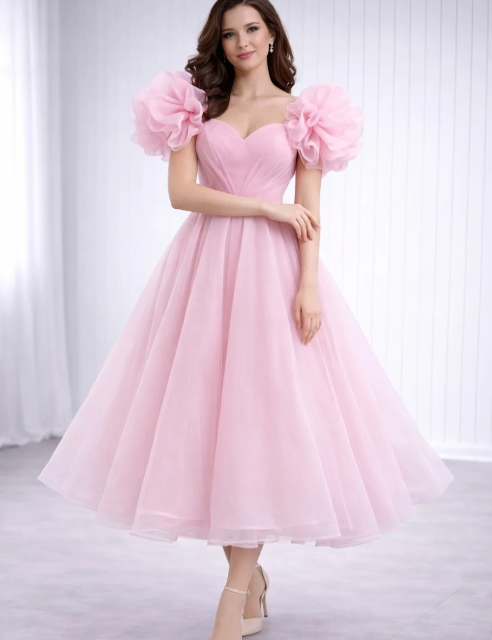 Customized Exquisite Casual Tulle Handmade Flower Pleat Ruched A-line Off-the-shoulder  Ankle Length Evening Dresses for Woman