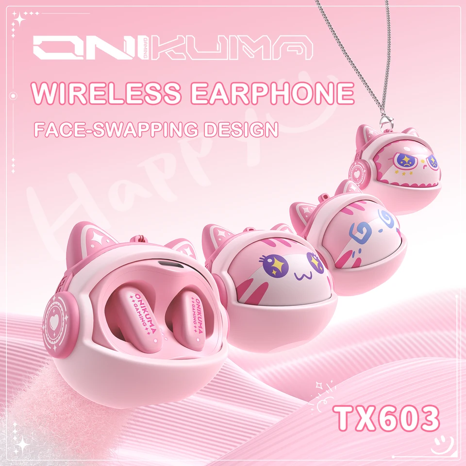 ONIKUMA TX603 Pink True Wireless Headphones - Cute Face-Swappable