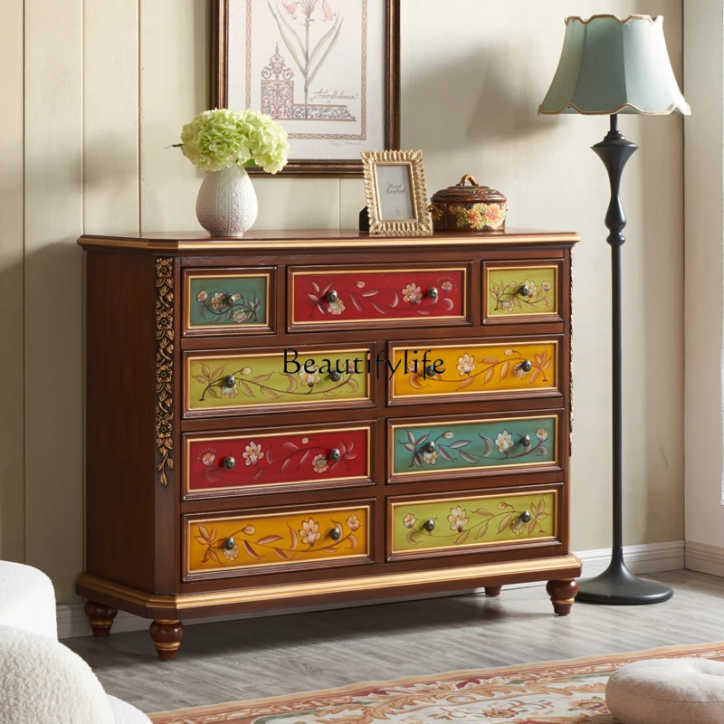 

American painted nine-chest cabinet solid wood European retro living room entrance cabinet
