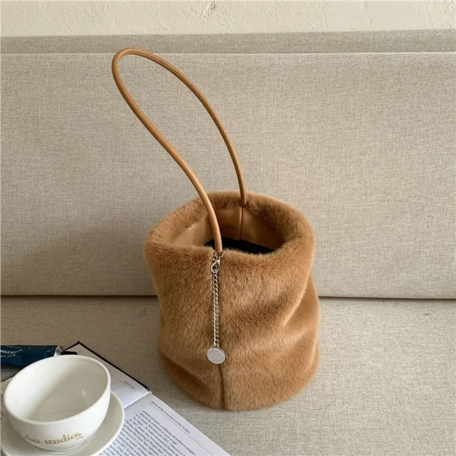 

【New style】Autumn and winter new wool bag solid color fashion cylindrical bucket bag all-matched high-end feeling mink wool sho