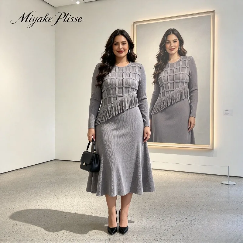 Dress 2026 New Spring and Autumn Pleated Fashion Light Luxury High-end Plus Size Dress with Tassels and Rhinestones Long Sleeve